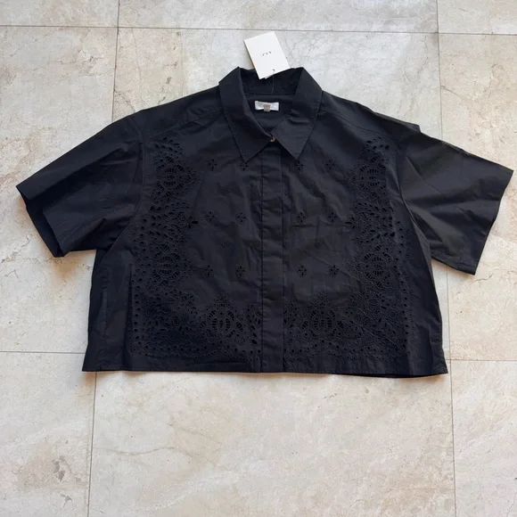 A.L.C Jade Black Cotton Eyelet Embroidered Short Sleeves Blouse Top size L - Picture 6 of 14
